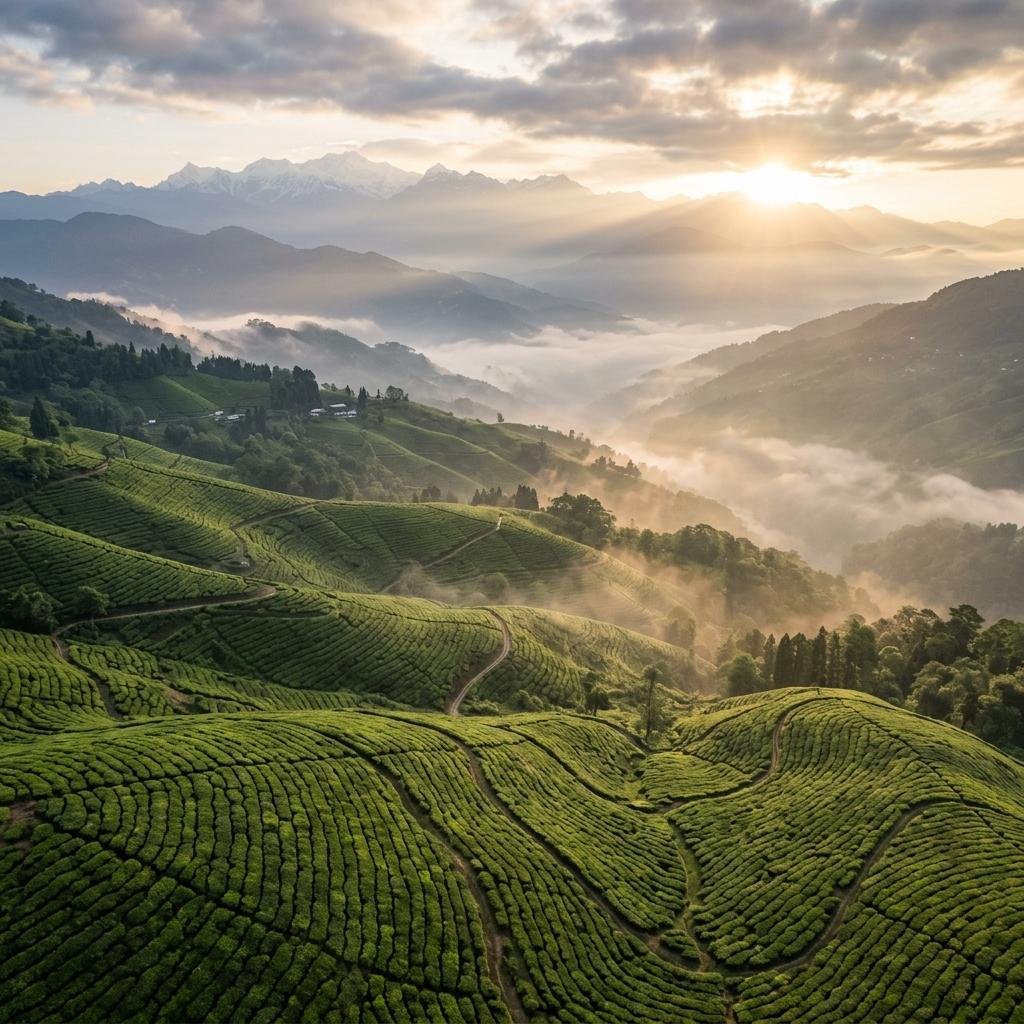 Darjeeling tea estate in the misty Himalayan foothills